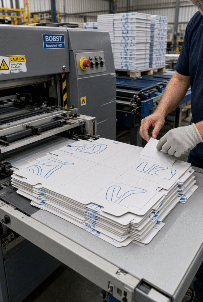 Finished die-cut folding carton blanks at machine delivery with crease inspection and downstream folding process visible