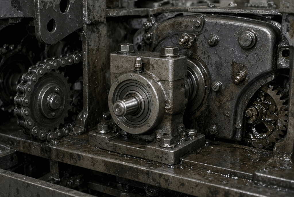 Detailed view of chain sprocket, roller bearing housing and gear section with visible lubrication points inside a platen die cutter transmission