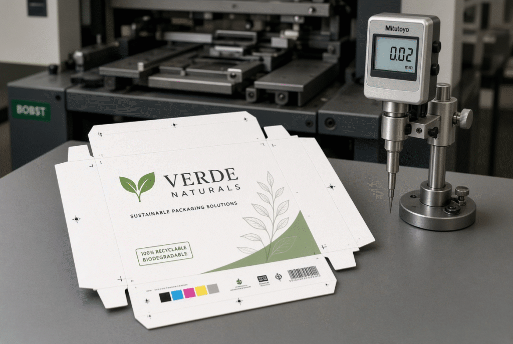Printed folding carton sample with die-cut lines, crease lines and registration marks under measurement, illustrating die-cutting accuracy for packaging production