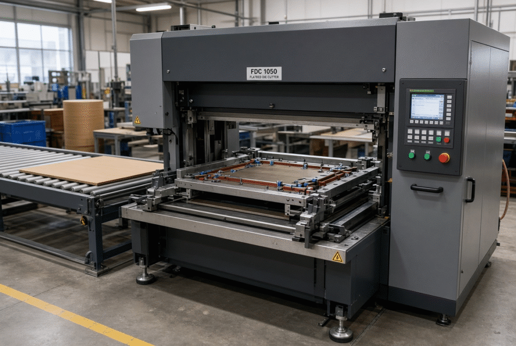 Flatbed die-cutting machine with visible plate frame and tooling illustrating positioning and pneumatic locking for packaging production