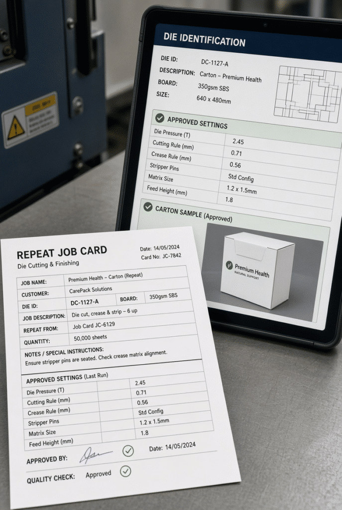 Printed job card and digital or paper record showing die identification, approved settings and finished carton sample for repeatable platen die-cutting setup