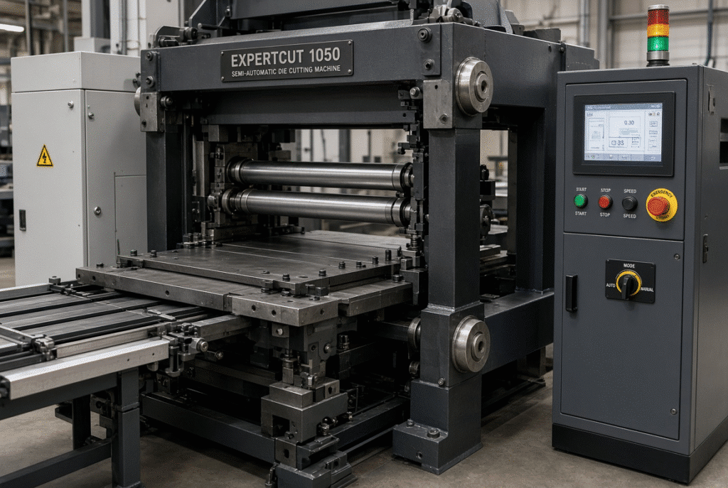 Close view of the die-cutting platen, heavy frame and control area on a semi-automatic flatbed die cutting machine for packaging production