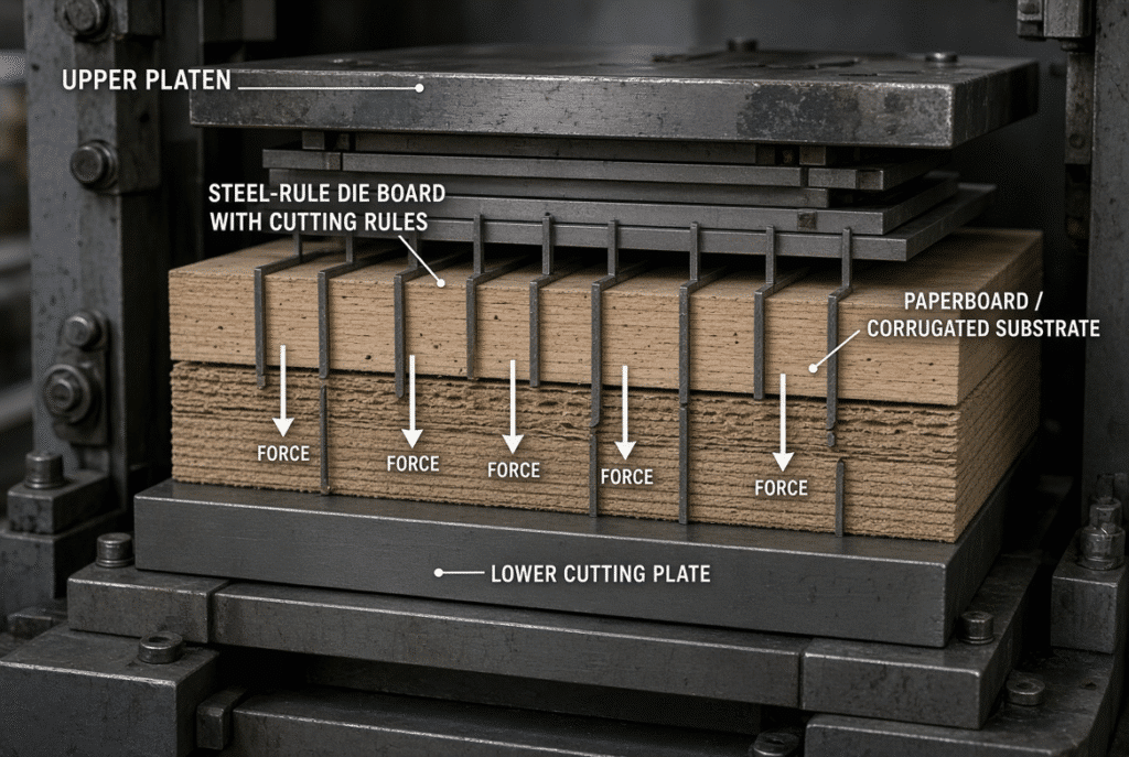 Technical diagram showing platen force transfer through a steel-rule die into paperboard or corrugated substrate with labeled pressure distribution