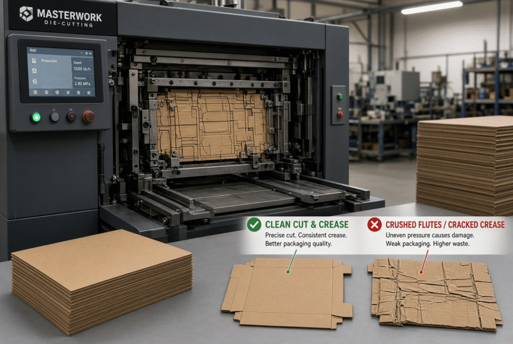 Automatic platen die-cutting machine with steel-rule die and sample boards illustrating how correct pressure produces clean cuts while excess pressure crushes flutes and cracks creases