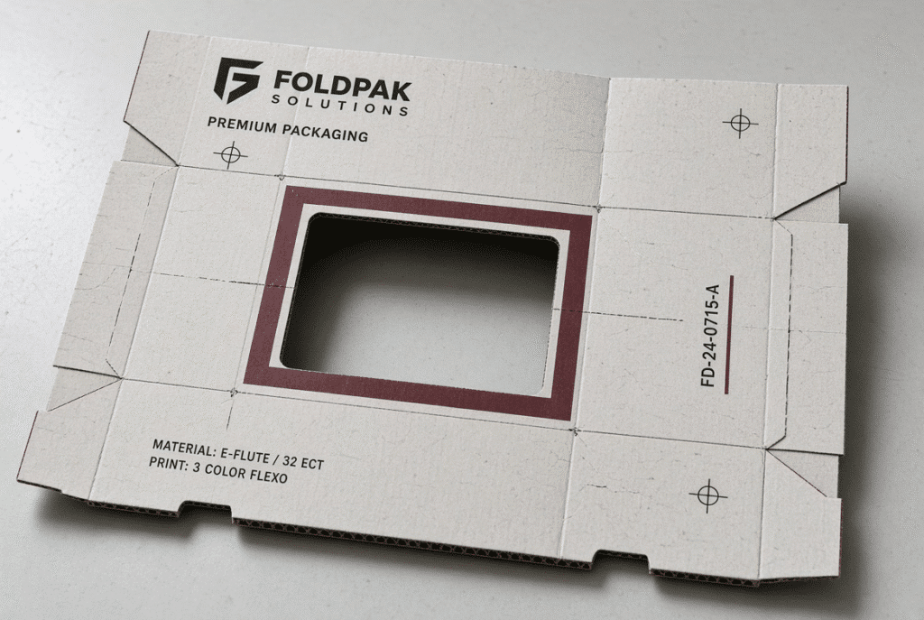 Printed registration marks, die-cut window and crease lines showing misalignment caused by board warp