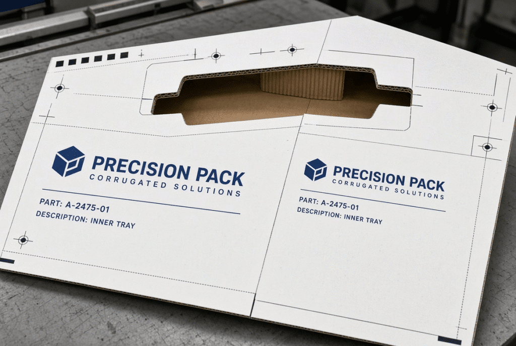 Printed corrugated packaging sheet with registration marks, die-cut window, creasing lines, and visible comparison of correct versus skewed margins