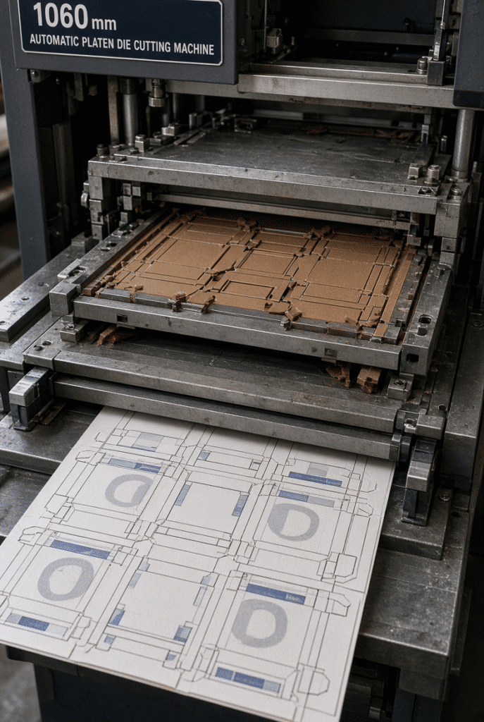 Detailed view of the die-cutting unit, pressure area and cleanly cut creased printed folding carton blanks from a 1060mm automatic platen die cutting machine
