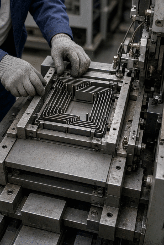 Technician preparing die frame, steel-rule die and cutting plate at the tooling interface of an industrial die cutting machine