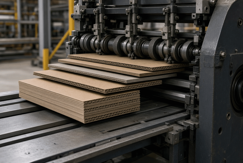 Corrugated sheets of varying flute types entering a lead edge feeding system with feed wheels, support tables, and guides visible