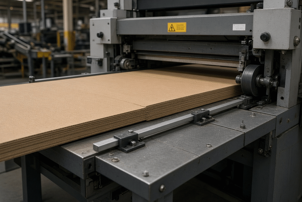 Thick double-wall corrugated board supported and guided at the entrance of a flatbed die-cutting machine feeder