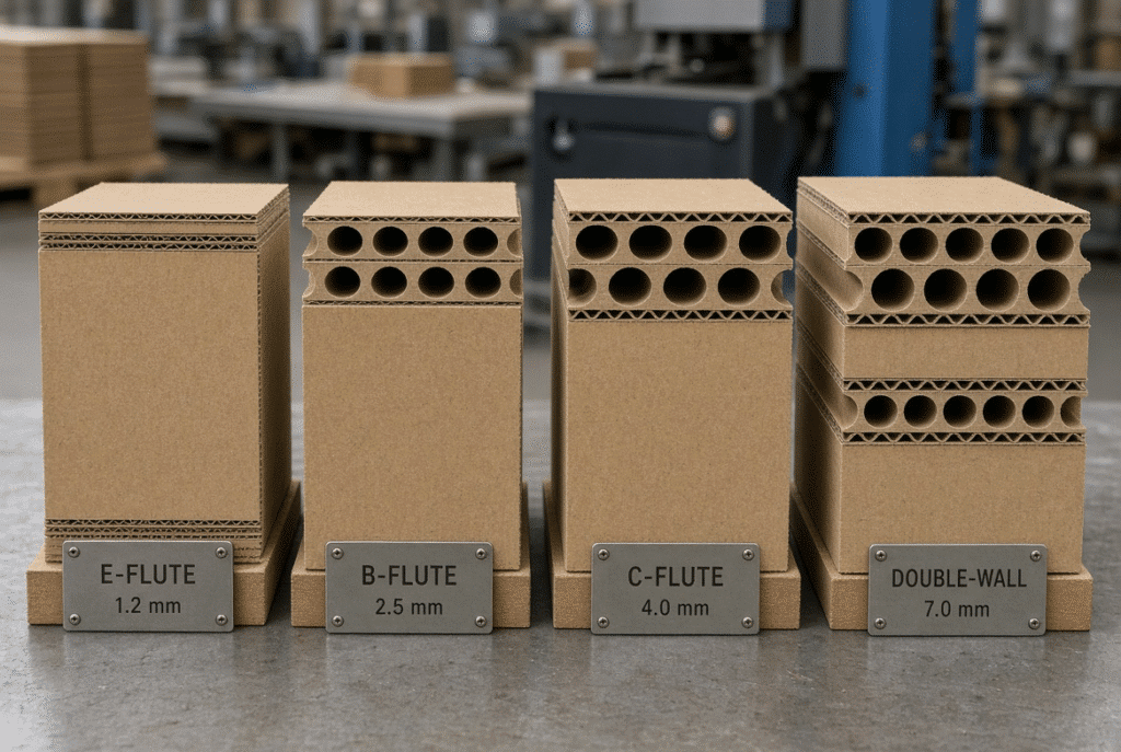 Cross-section comparison of E-flute, B-flute, C-flute, and double-wall corrugated board showing flute profiles and liner layers