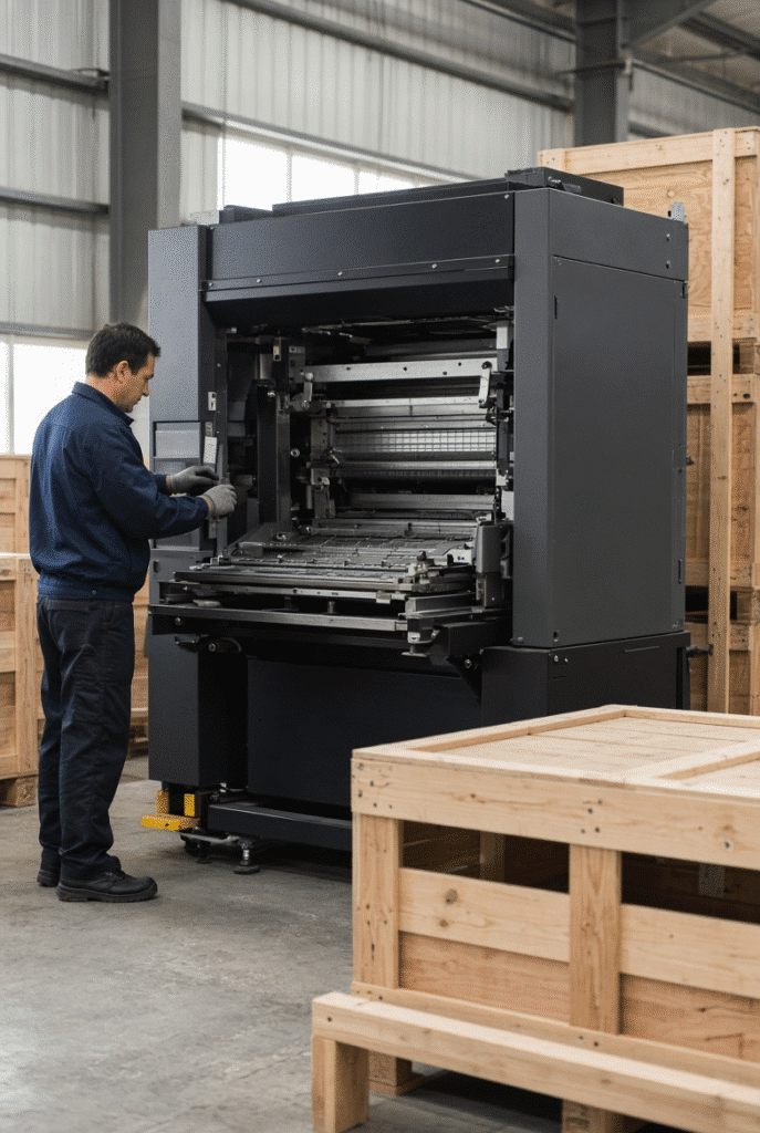 Industrial PLC control cabinet and operator HMI panel on automatic flatbed die cutting machine