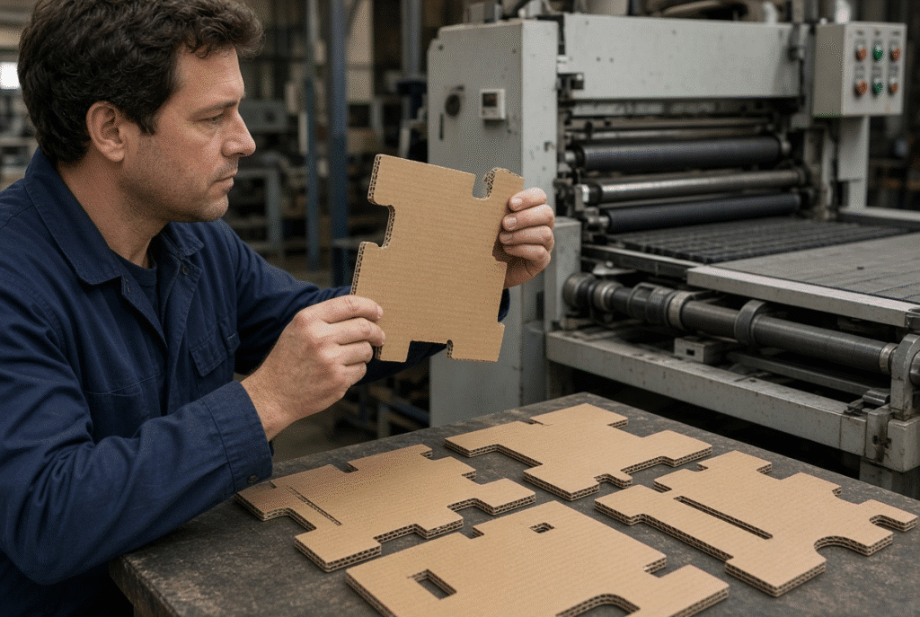 Production engineer checking cut quality, crease formation and flute integrity on corrugated blanks during machine trial