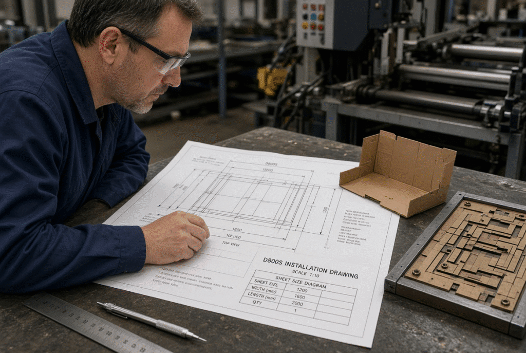 Packaging engineer examining D800S installation drawing, sheet-size diagram and physical board sample during automatic die cutter sizing confirmation