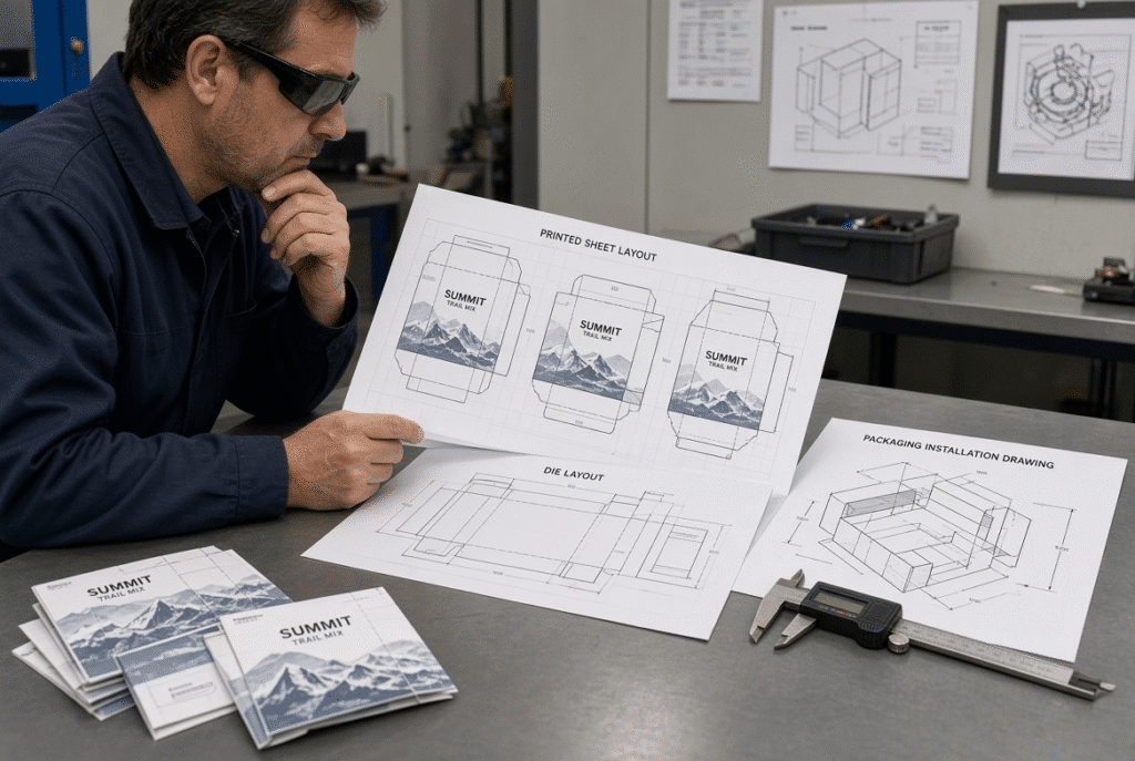 Packaging engineer examining printed sheet layouts, die layouts and installation drawings to evaluate 1060 mm versus 1300 mm die cutting machine format fit