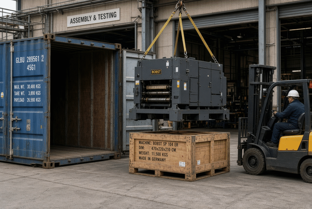 Large semi-automatic die cutting machine being prepared for container shipping with heavy-duty packing and lifting equipment in a factory yard