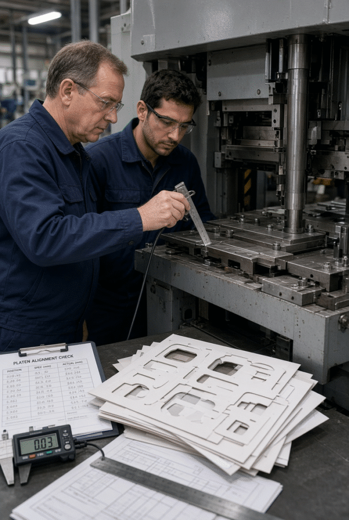 Technicians measuring platen alignment and inspecting die-cut samples during factory evaluation of a flatbed die cutting machine