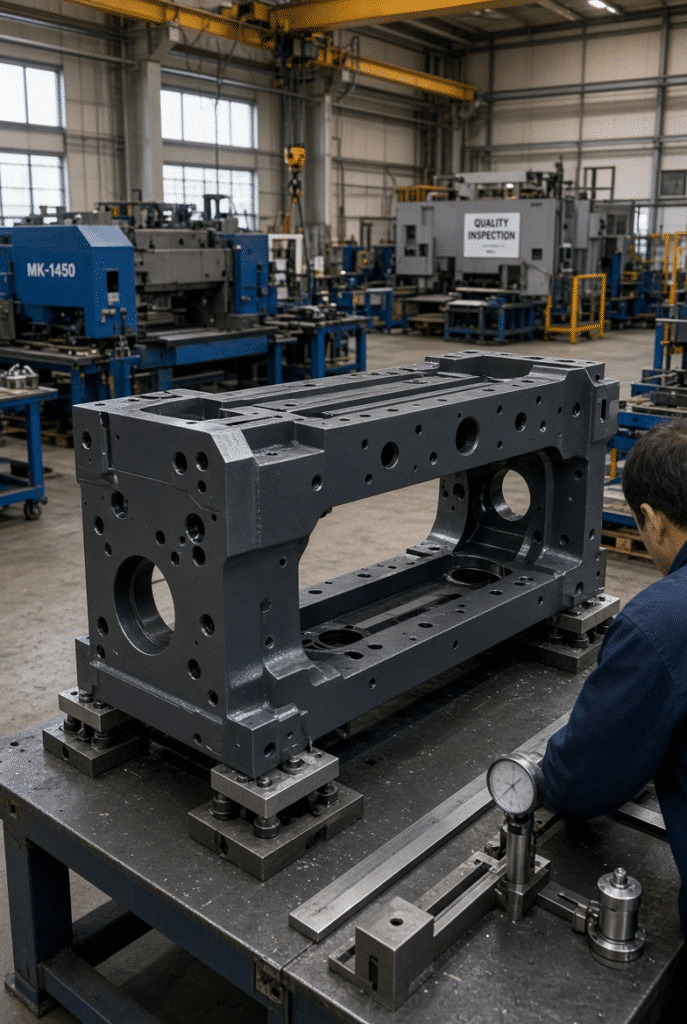Industrial workshop scene showing CNC machining and quality inspection of a heavy-duty automatic die cutting machine frame for packaging equipment manufacturing