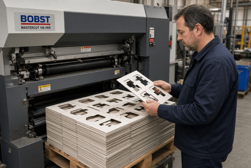 Engineer monitoring HMI and inspecting test sheets during acceptance trial of an automatic flatbed die cutting machine