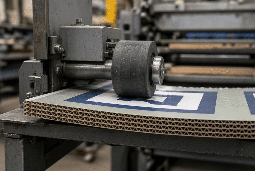 Close-up of feed wheel controlling the lead edge of a printed corrugated sheet showing flute structure and slight board warp on the support surface