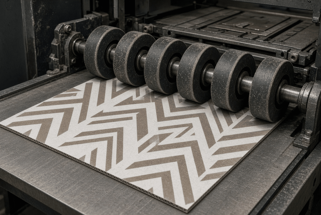 Feed wheels handling the lead edge of printed corrugated board on a flatbed die cutter before die cutting