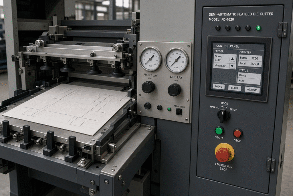 Detailed view of sheet feeding system, front and side gauges and operator controls on a semi-automatic die cutting machine for packaging plants