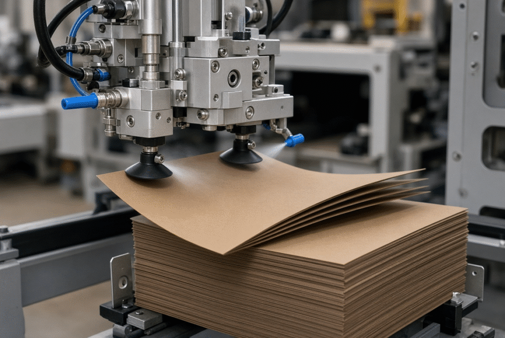 Feeder head lifting a single paperboard sheet from the pile using suction nozzles and air assistance on an automatic die-cutting machine
