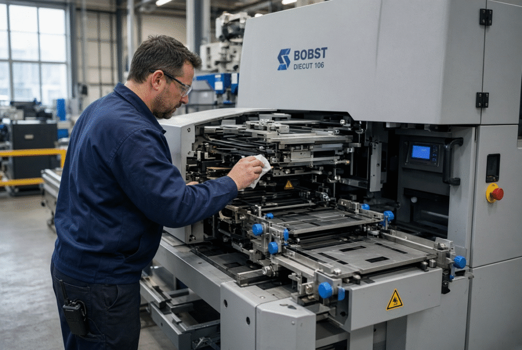 Technician inspecting feeder, sensors and front/side lays on automatic die cutting machine