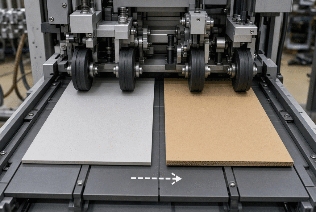 Grey board and corrugated board sheets entering a lead-edge feeder of a flatbed die cutting machine with visible feed wheels, support plates and guide rails