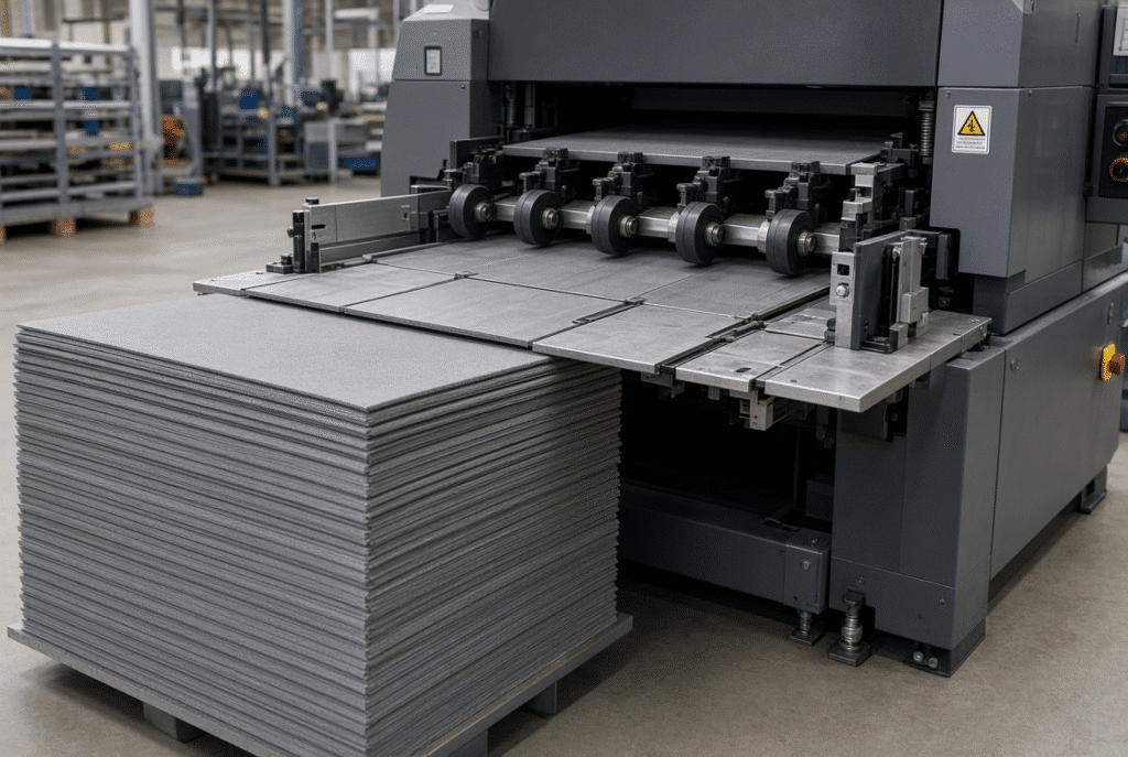 Dense grey board sheets being separated and transported through the lead-edge feeder of a sheet-fed flatbed die-cutting machine