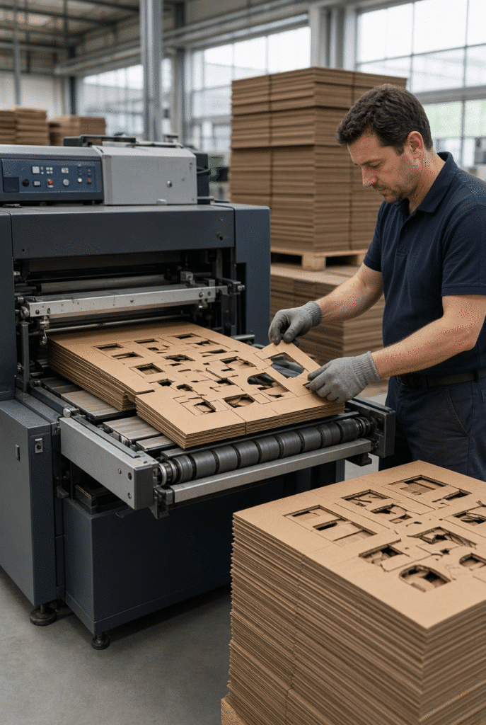 Operator inspecting stack quality and removing internal waste from corrugated display-pack blanks at the delivery section of an automatic die cutting machine