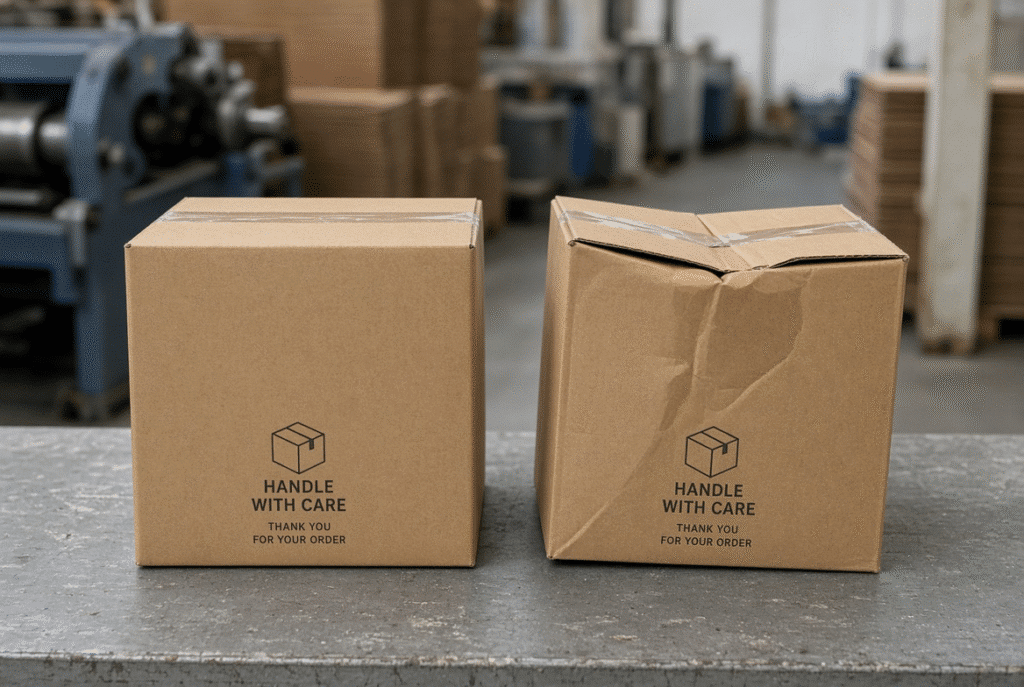 Square well-formed corrugated box next to a distorted box affected by warp and folding misalignment