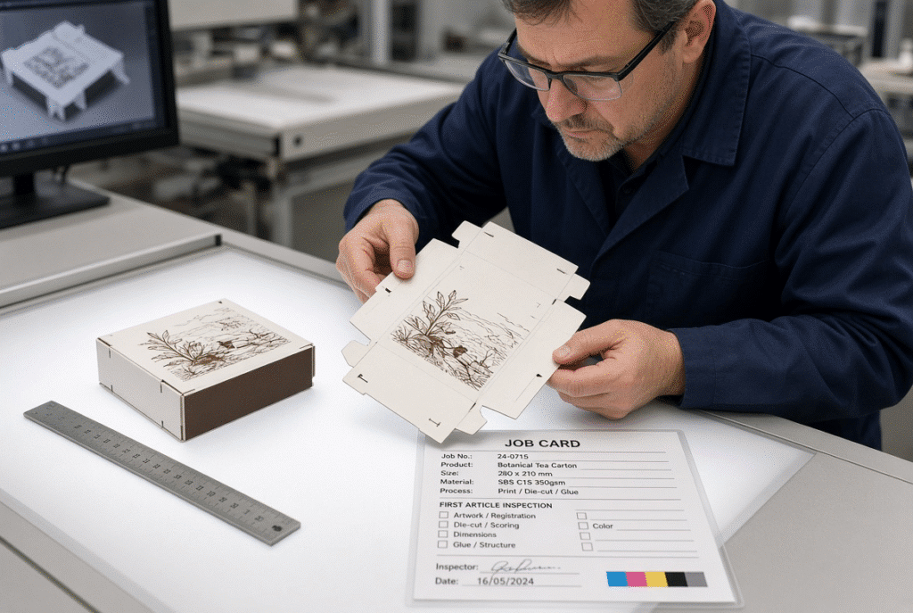 Quality inspector examining die-cut folding-carton blank and folded sample with job card and measurement tools during makeready approval