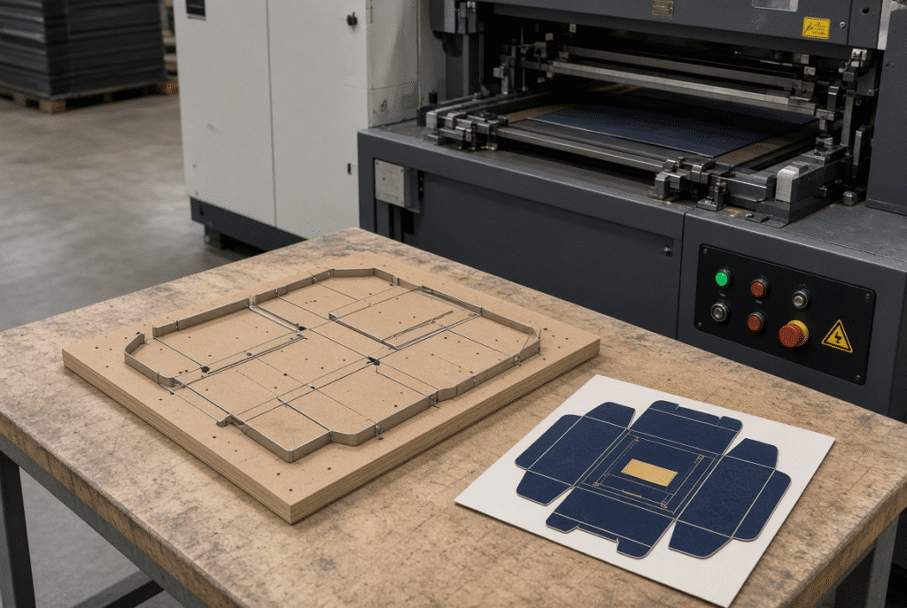 Flatbed platen die-cutting process showing steel-rule die, automatic platen machine and finished folding carton blank for packaging production