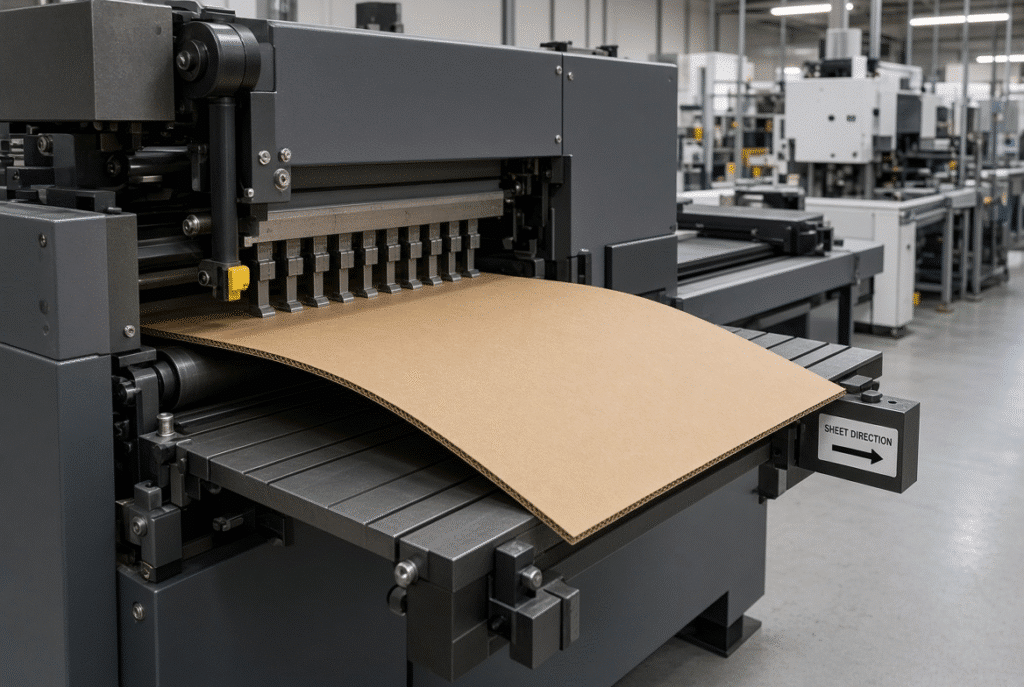 Lead-edge feeder of a flatbed die cutter handling a bowed corrugated sheet during production setup