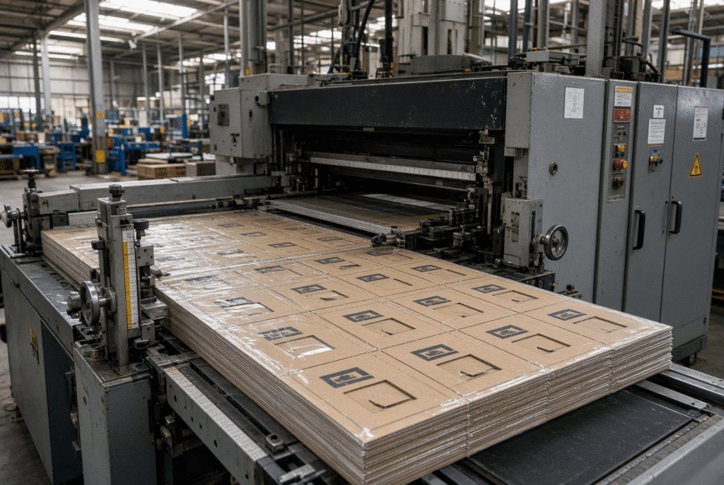 Sheet-fed flatbed die-cutting machine handling laminated corrugated board with visible printed surface, lead-edge feeding and positioning section for surface protection and registration control