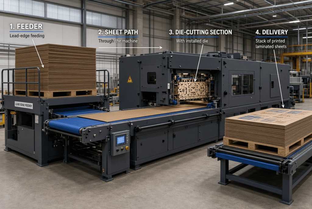 Complete flatbed die cutter line processing laminated corrugated board, showing feeder, die section, and delivery stack in a professional packaging plant