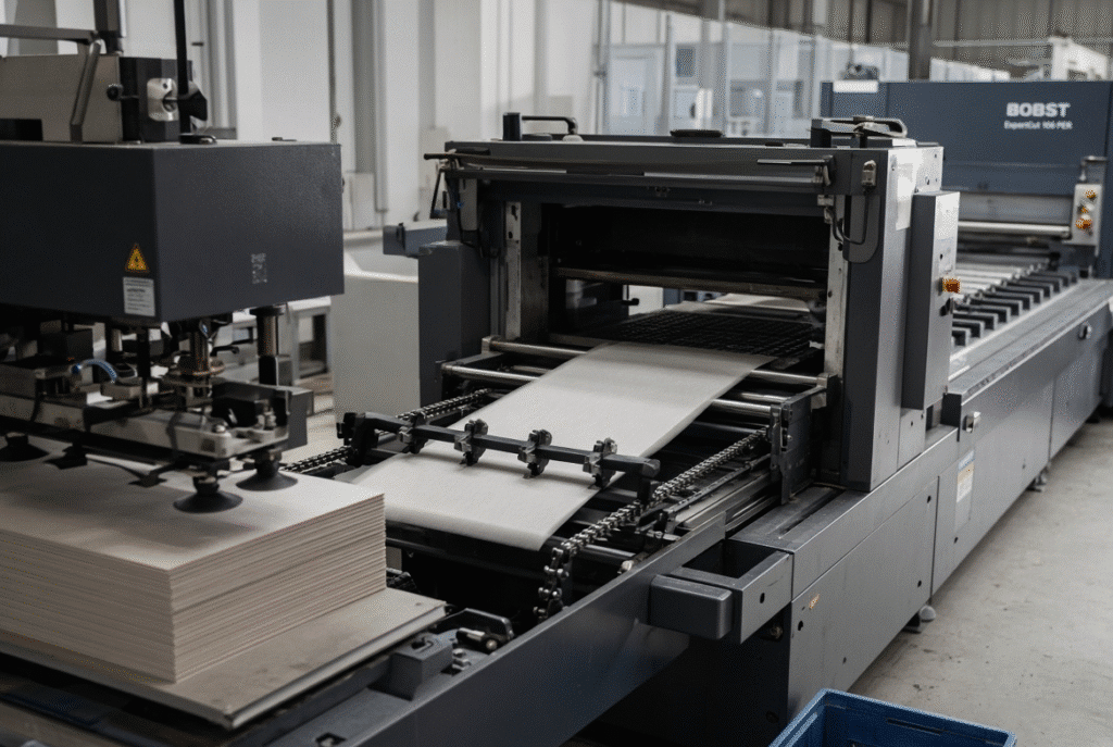 Flatbed die cutter in production showing controlled intermittent sheet transfer from feeder through gripper bars into the die-cutting section and toward delivery