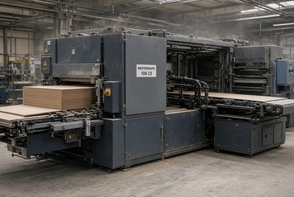 Semi-automatic flatbed die cutter showing the sheet path from feeder through die-cutting section with gripper bars and transport chains visible in a packaging plant