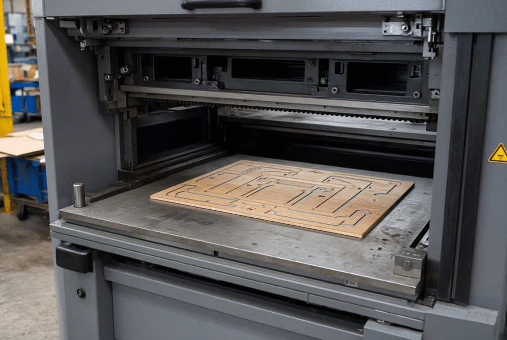Open platen area of a flatbed die-cutting machine with die-cutting plate frame and lower platen visible in a packaging production workshop