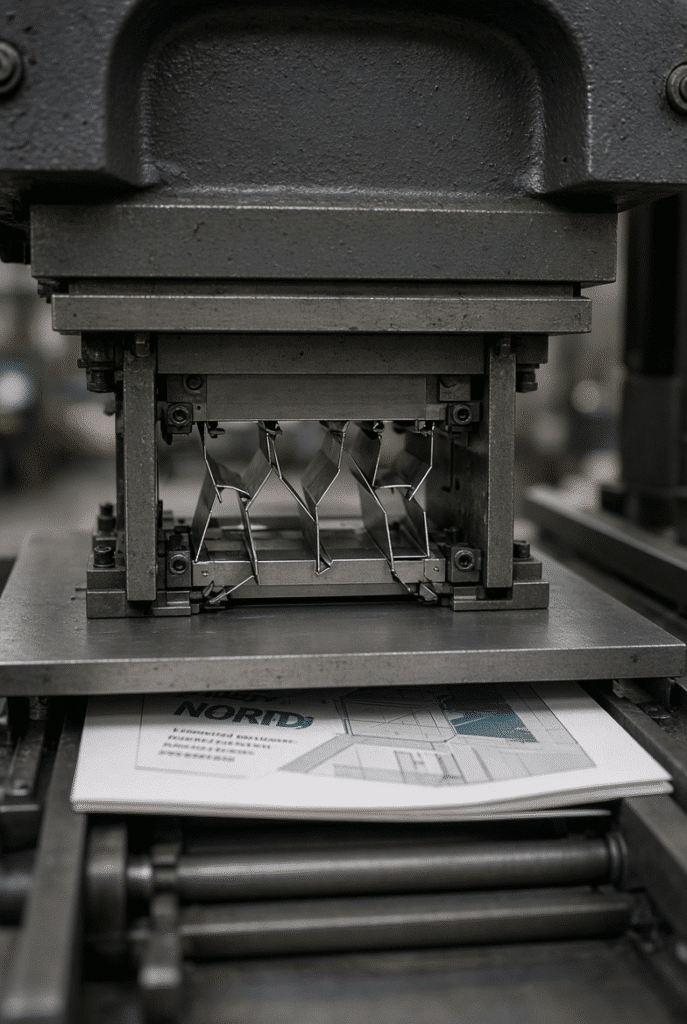 Close-up of force path in a flatbed die cutting machine showing frame, platen, die frame, cutting plate, steel-rule die and paperboard sheet during the cutting stroke