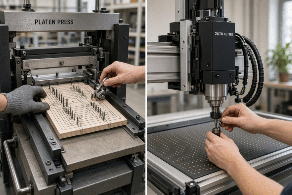 Side-by-side comparison of steel-rule die changeover and digital cutting-head setup for packaging job changeover
