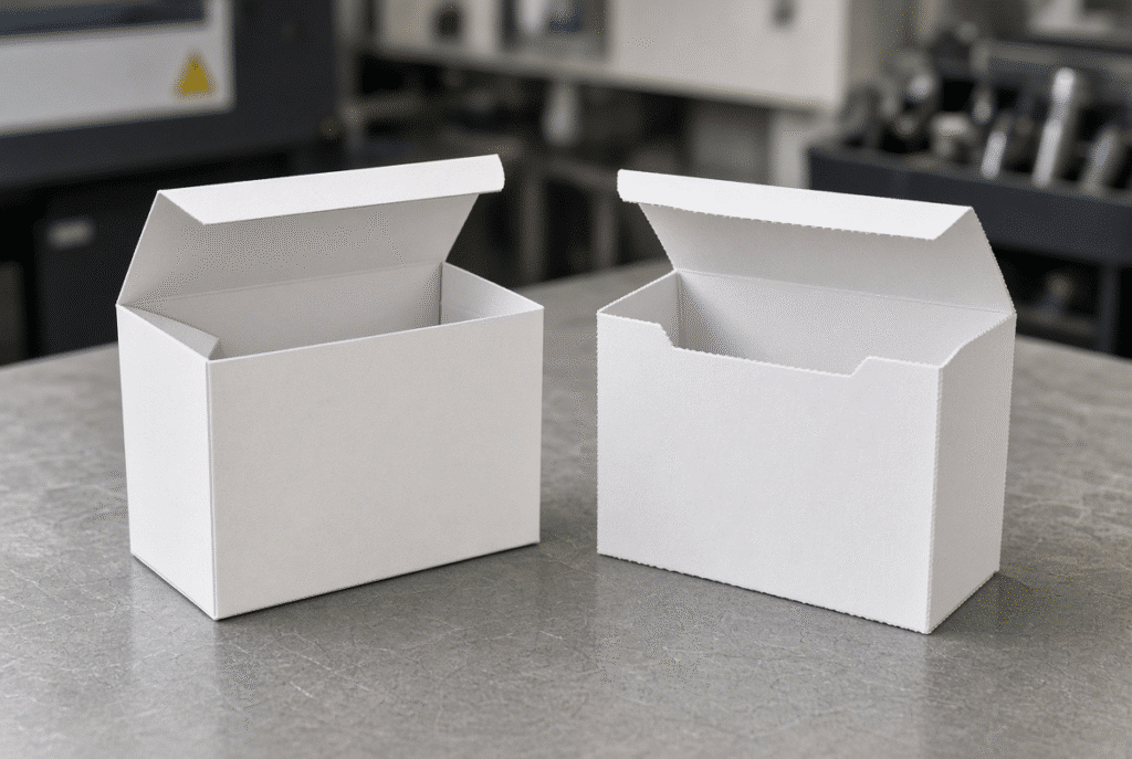 Side-by-side comparison of flatbed platen and digital die-cut packaging samples evaluated after folding and assembly