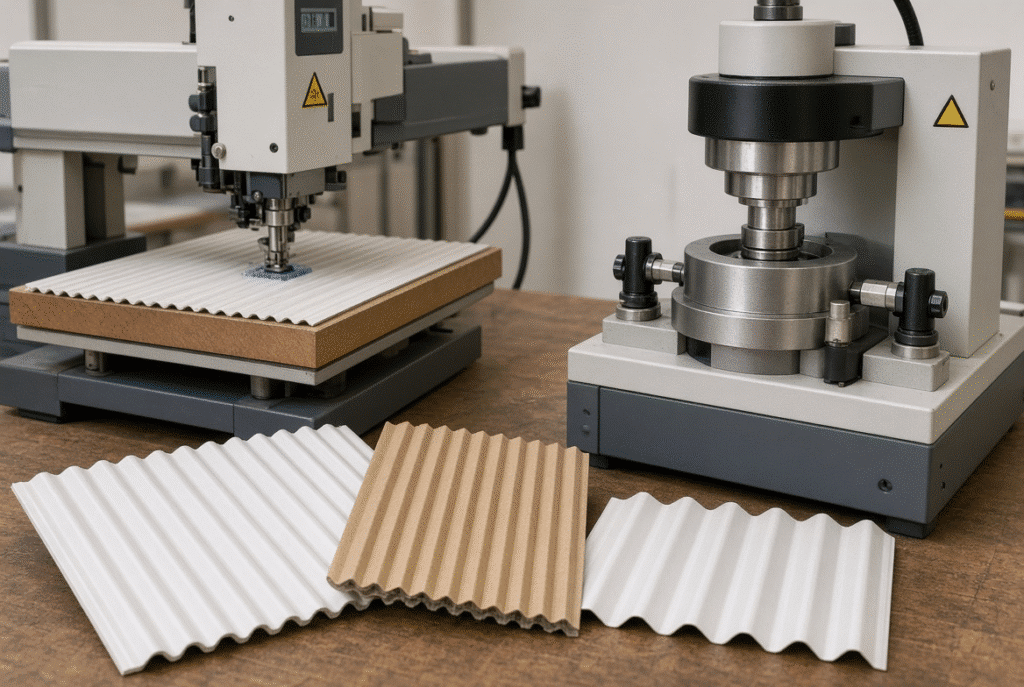 Visual comparison of flatbed platen and rotary die-cutting processes with folding carton and corrugated packaging samples for production decision-making