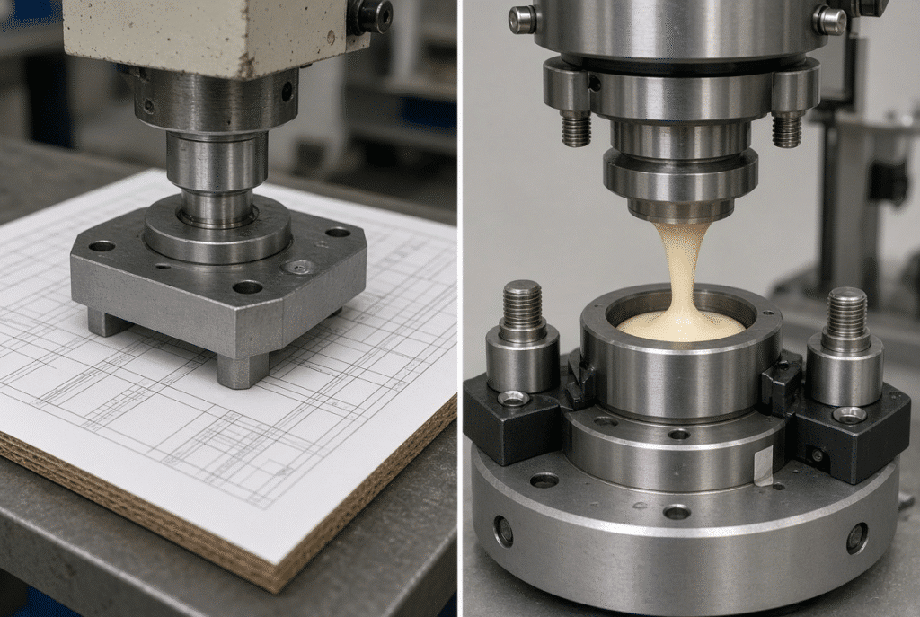 Side-by-side technical view of flat platen die-cutting action and rotary cylinder die-cutting process for packaging production