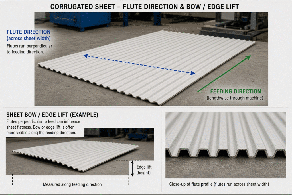 Corrugated sheet illustrating flute direction versus feeding direction together with visible board warp and edge lift