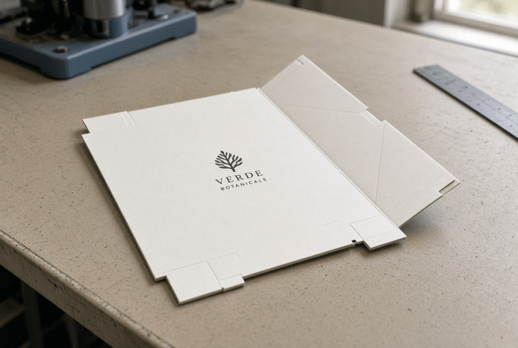 Printed folding-carton blank on workshop table with visible crease lines and partially folded panel illustrating the result of correct creasing matrix selection for folding cartons
