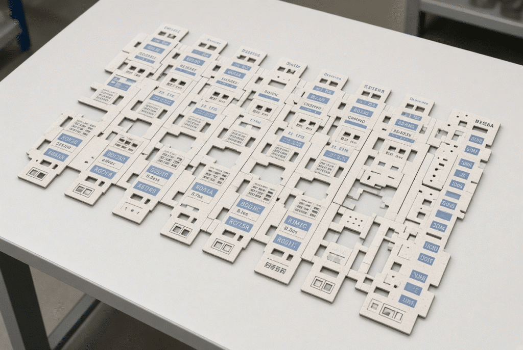 Finished folding carton blank showing accurate cutting edges, creasing lines and perforation details on printed paperboard