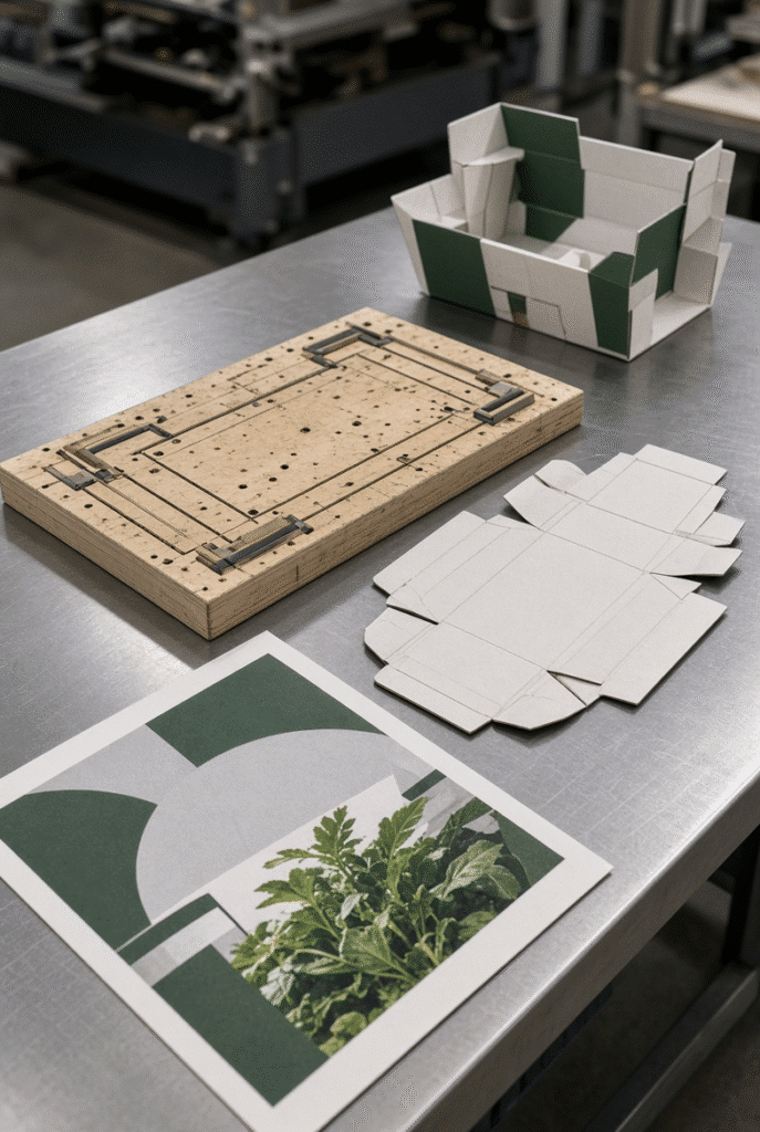 Process view of printed paperboard, steel-rule die, die-cut creased carton blank, and folded folding carton in industrial converting environment