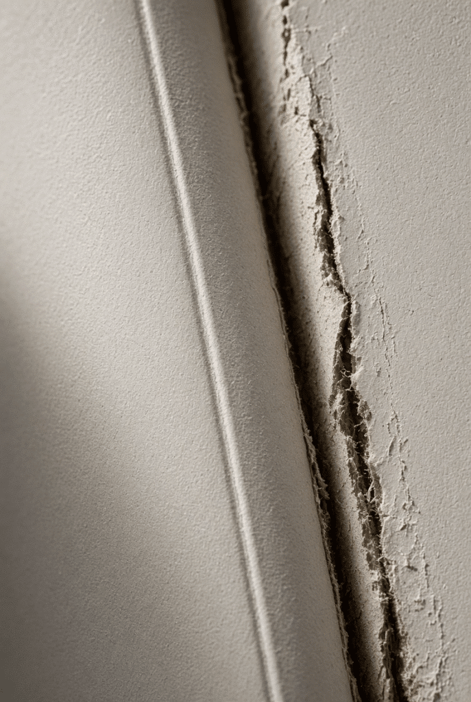 Macro view of paperboard comparing a clean, correctly formed crease line with a cracked crease on coated folding carton stock